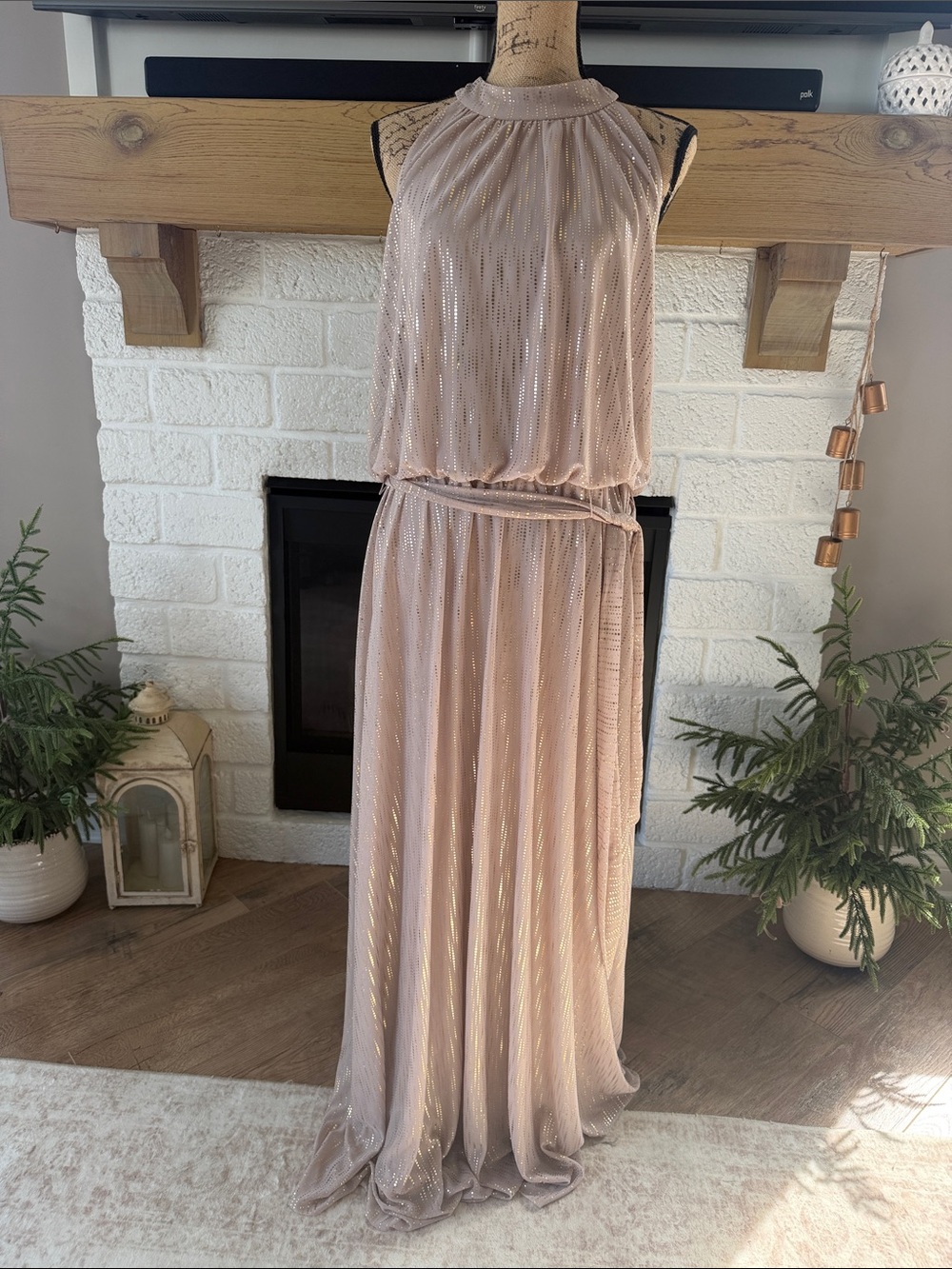 Jessica Howard Champagne Metallic-Striped Halter Maxi Dress 16
